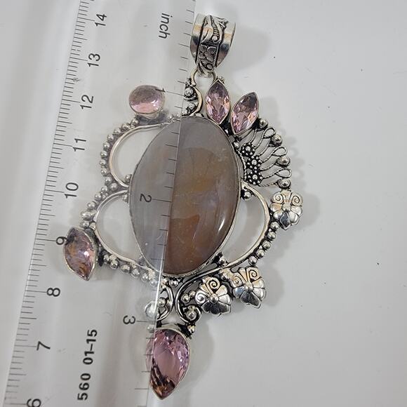 Handmade Silver Pendant with Moon Agate and Pink Topaz Accents - Picture 7 of 10